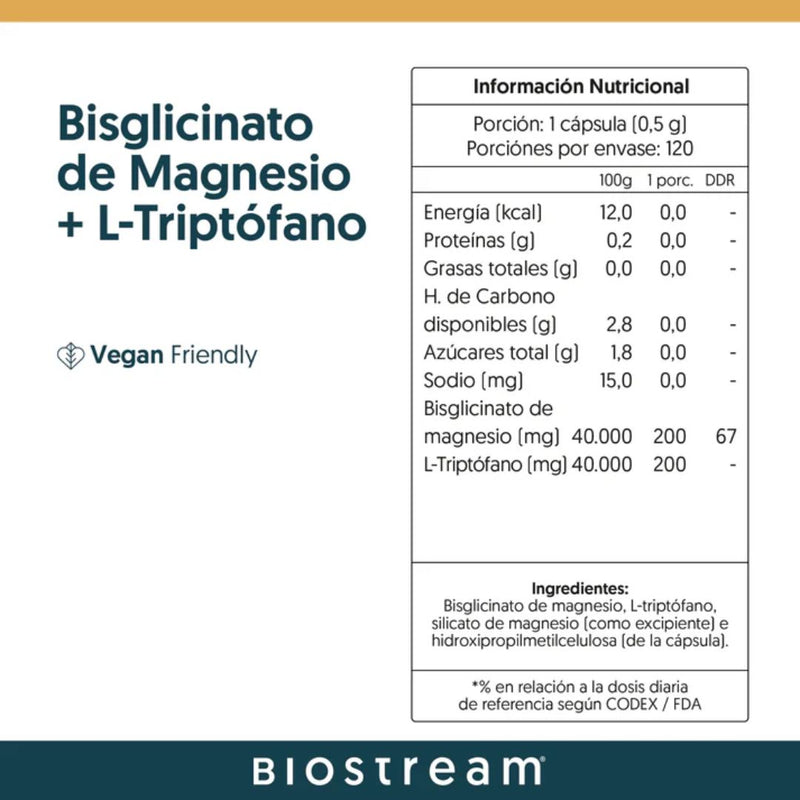 Bisglicinato de Magnesio + L-Triptófano Vegano Biostream 120 Cápsulas Suplementos Alimenticios Biostream 