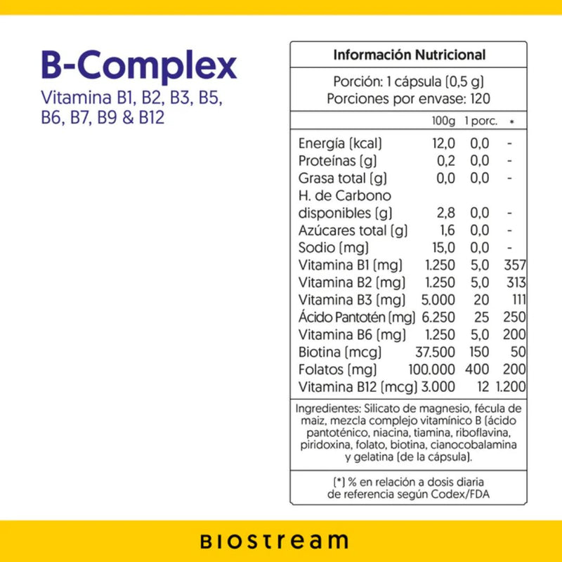 Complejo B Vegano Biostream 120 Cápsulas Suplementos Alimenticios Biostream 