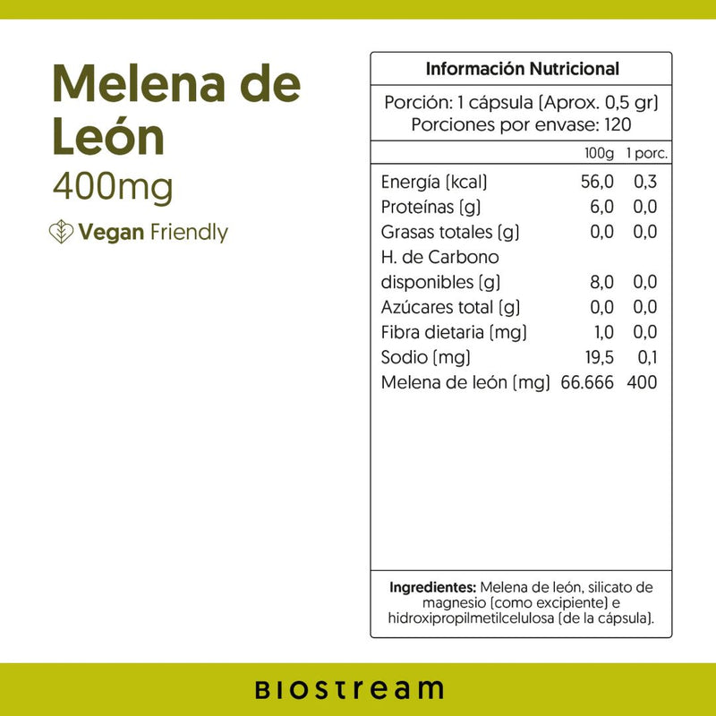 Hongo Melena de León Vegano Biostream 400 mg 120 Cápsulas Suplementos Alimenticios mundolimpio.cl 