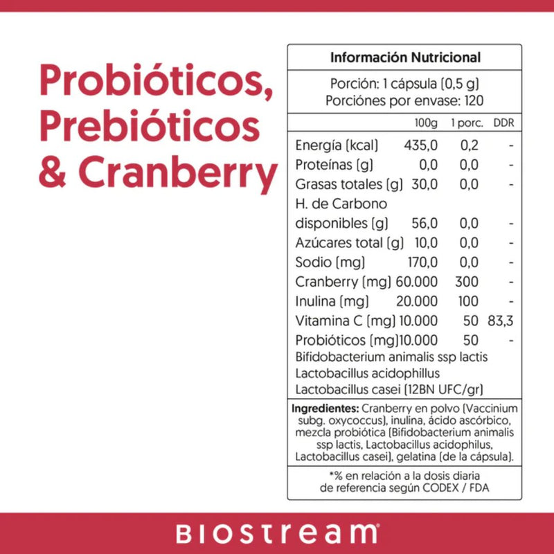 Probióticos Prebióticos & Cranberry 120 Cápsulas Biostream Suplementos Alimenticios Biostream 