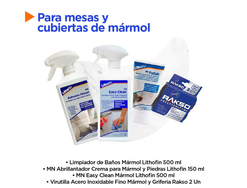 Pack para Cubiertas Marmol (Baños 500 ml + Abrillantador 150 ml + Easy Clean 500 ml + Rakso) Lithofin Hogar Protac 